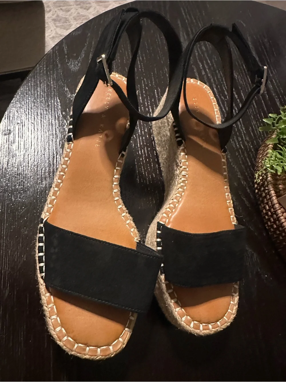 Kelly & Katie Black Espadrille Platform Wedge Sandals Ankle Strap Size 9